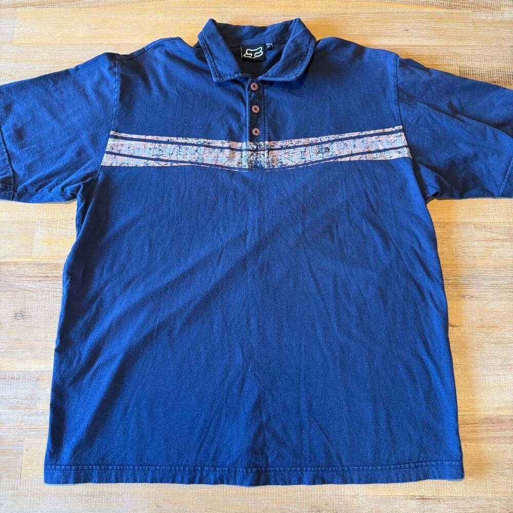 Vintage Fox Racing Polo Shirt Navy Blue Distressed Chest Stripe Men Size XL Y2K